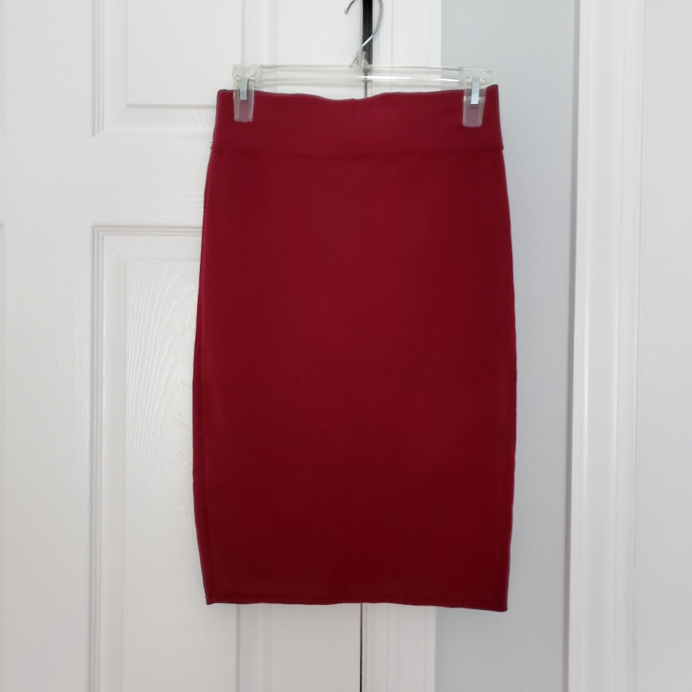 High Waisted Knee Length Burgundy Pencil Skirt